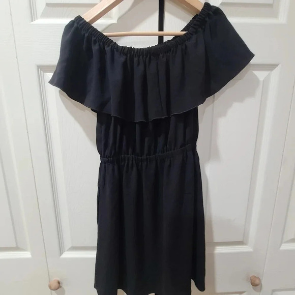 Aritzia Wilfred Sm Black Hosta Off The Shoulder MIni Dress Pockets Short Sleeve - Picture 5 of 11